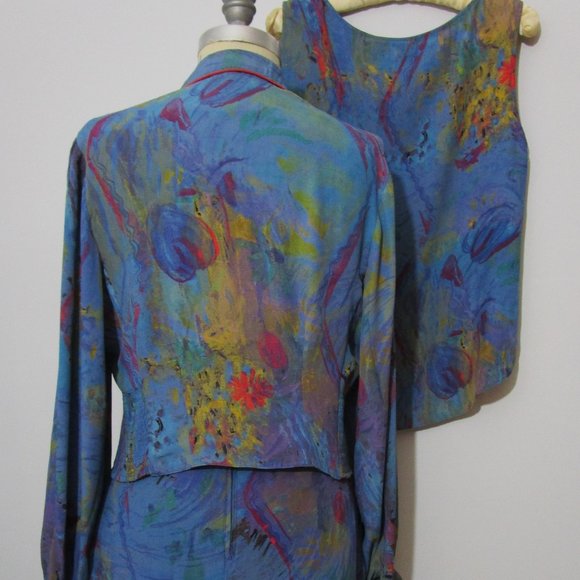 80s Rayon Cropped Jacket Tank Shorts Suit Abstract T - Picture 11 of 13